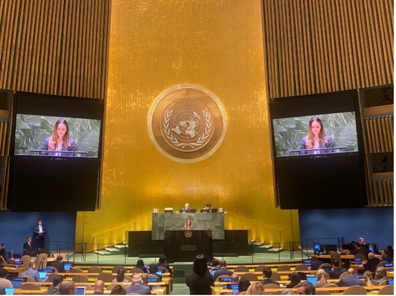 Amanda Sourek, International IDEA’s Outreach and UN Liaison Officer, delivers a statement on behalf of International IDEA at the 11th Emergency Special Session of the UN General Assembly on 23 February 2023, at UN Headquarters, New York. Credit: Sunil Pal, International Development Law Organization